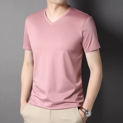 时尚V领桑蚕冰丝短袖T恤男士夏季纯色休闲半袖上衣潮流男装薄体恤