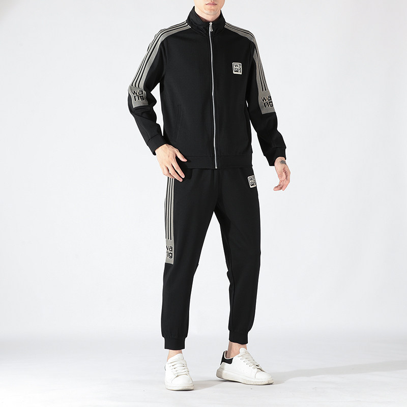 春秋季休闲运动服套装立领开衫连帽外套男士修身拼接中青年两件套