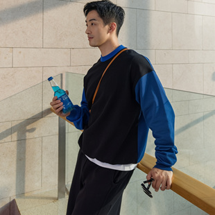 休闲简约百搭纯棉圆领长袖 冬新品 卫衣 原创拼接撞色卫衣 博衣社