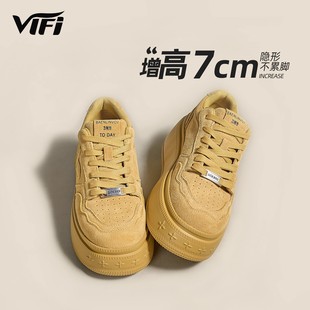 黄色松糕厚底牛反绒板鞋女2025春季新款增高真皮休闲鞋百搭小白鞋