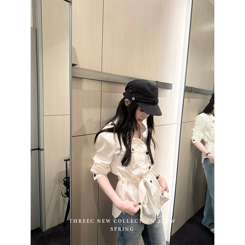 三喜threec“智感姐姐”制服肩亚麻绑带衬衫女设计感小众宽松上衣
