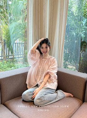 三喜threec “chl0e风”娇憨文艺浪漫淡粉紫飘逸设计宽松衬衫上衣