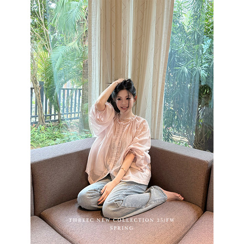 三喜threec “chl0e风”娇憨文艺浪漫淡粉紫飘逸设计宽松衬衫上衣