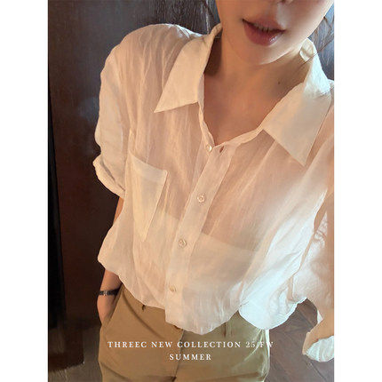 三喜threec 微微透泡泡肩中短袖100%苎麻白衬衫女设计感小众上衣