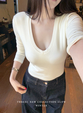 三喜threec“还算小性感的胸垫保暖衣 280g带胸垫掐腰德绒v领打底