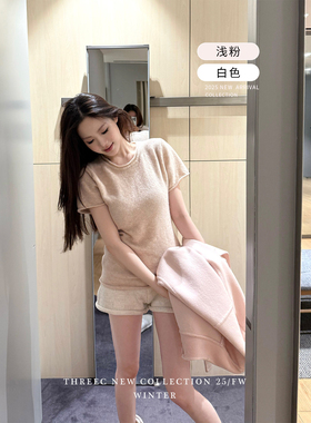 三喜threec 5%羊绒 28%羊毛法式粉色羊毛短袖针织衫上衣套头毛衣