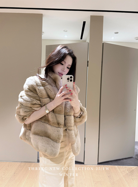 三喜threec 汉南洞夫人”rex紫标立领獭兔皮草高级感显瘦毛毛外套