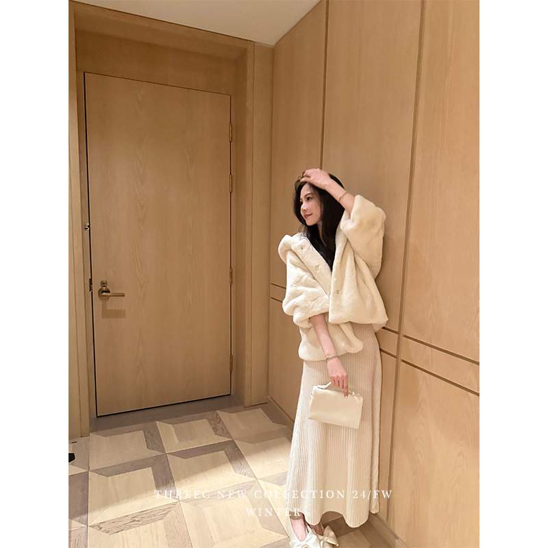 三喜threec 一衣两穿* 仿水貂矜贵可爱外套女冬保暖白色毛毛外套