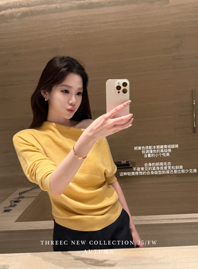 三喜threec “颜色控”桑蚕丝羊毛斜肩针织衫女黄色宽松套头毛衣