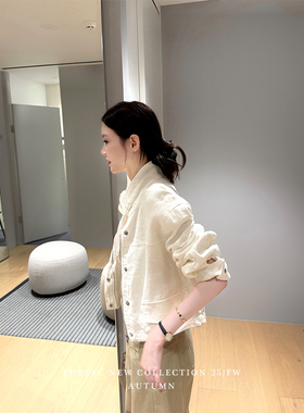 三喜threec 【软手感的亚麻】设计感高品质重工白色亚麻短外套女