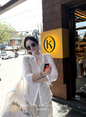 三喜threec 复古100%苎麻100支正肩合身衬衫女设计感小众宽松上衣