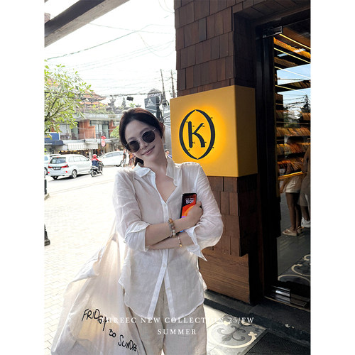 三喜threec 复古100%苎麻100支正肩合身衬衫女设计感小众宽松上衣