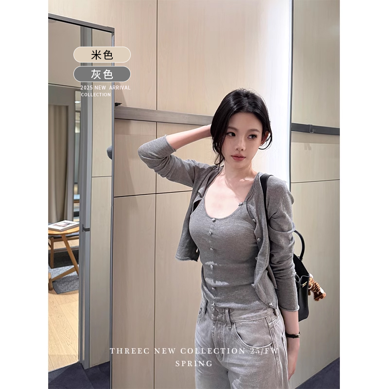 三喜threec 包扣/天丝亚麻高品质内搭吊带背心针织开衫套装两件套