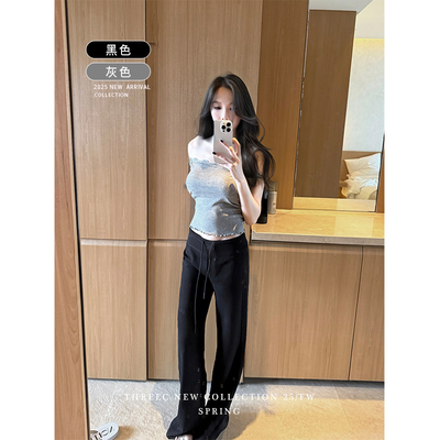 三喜threec “垂垂滑滑瘦瘦”贝壳卫裤女高腰直筒百搭休闲长裤