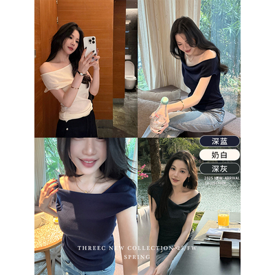 三喜threec 与众不同的一字肩针织上衣“33%超细羊毛”工整不拖拉