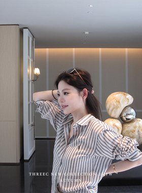 三喜threec 复古原创设计拉夫条纹亚麻衬衫女秋设计感小众上衣