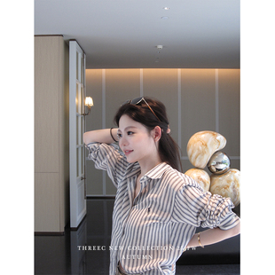 三喜threec 复古原创设计拉夫条纹亚麻衬衫女秋设计感小众上衣