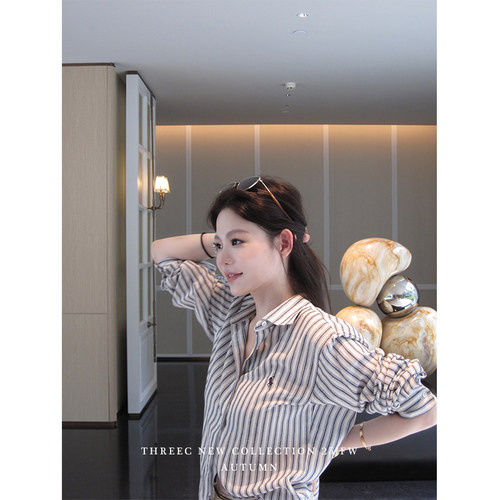 三喜threec 复古原创设计拉夫条纹亚麻衬衫女秋设计感小众上衣