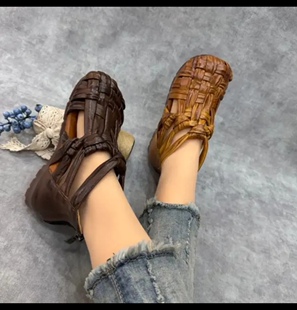 新款 962 牛皮编织牛筋软底舒适百搭休闲女凉鞋 复古时尚 包头 9新品