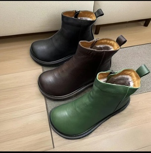 牛皮加绒保暖舒适平底软底女士短轮百搭 圆头复古时尚 2036 1B冬季