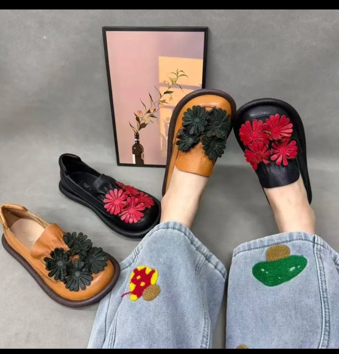 2025-91春季新品复古手工花朵平底一脚蹬舒适百搭休闲女单鞋透气,女鞋,时尚休闲鞋,淘宝优惠券,粉丝福利购,淘宝优惠卷