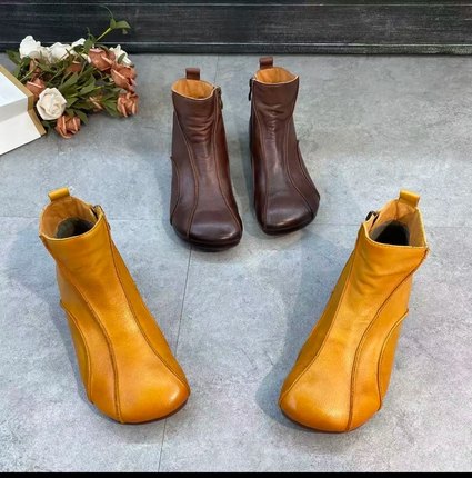 9586-7秋冬季复古手工牛皮时尚软底加绒舒适百搭休闲女短靴