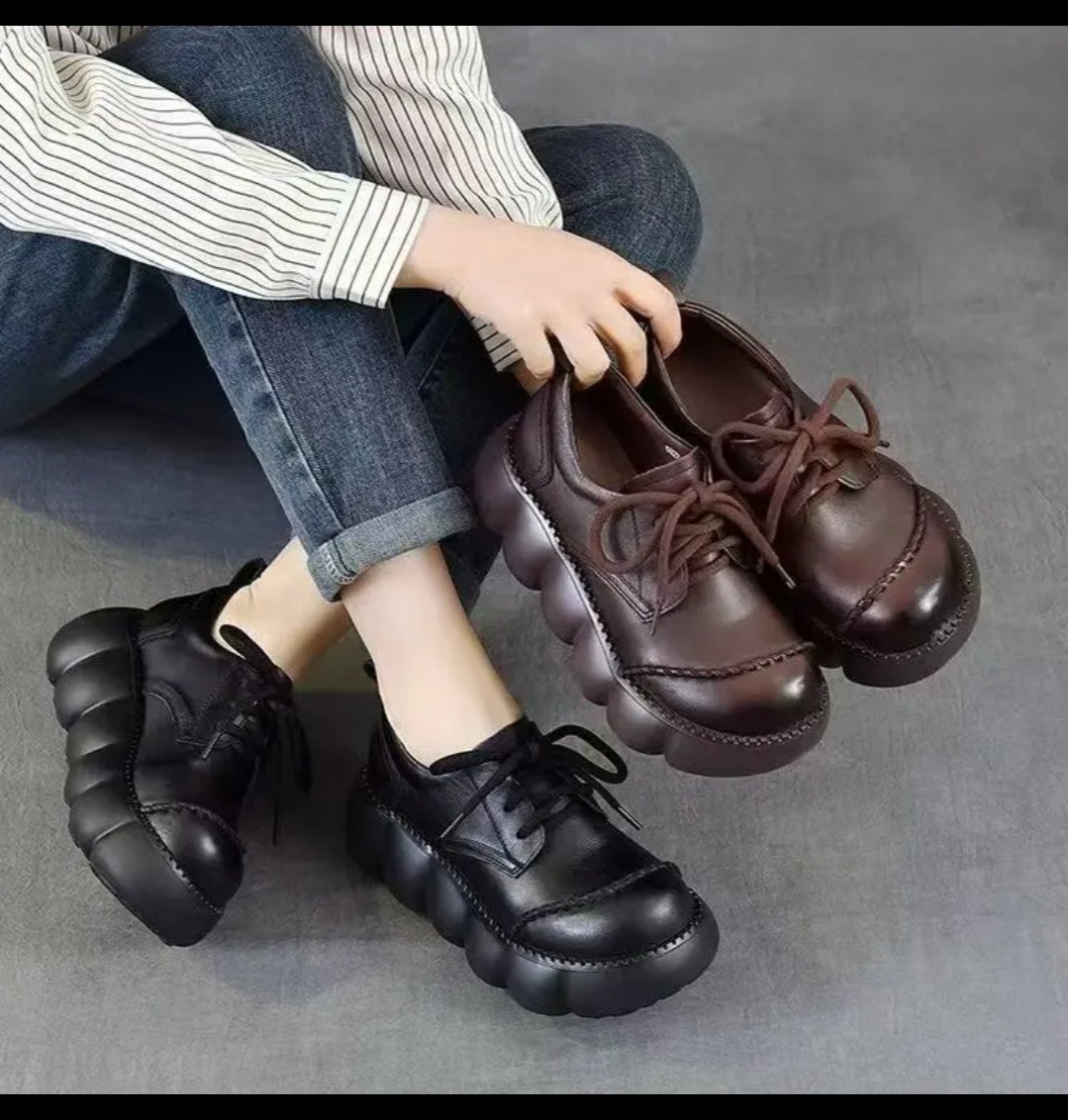 8827春季新品牛皮松糕厚底圆头低邦系带马丁鞋真皮舒适休闲百搭,女鞋,浅口单鞋,淘宝优惠券,粉丝福利购,淘宝优惠卷