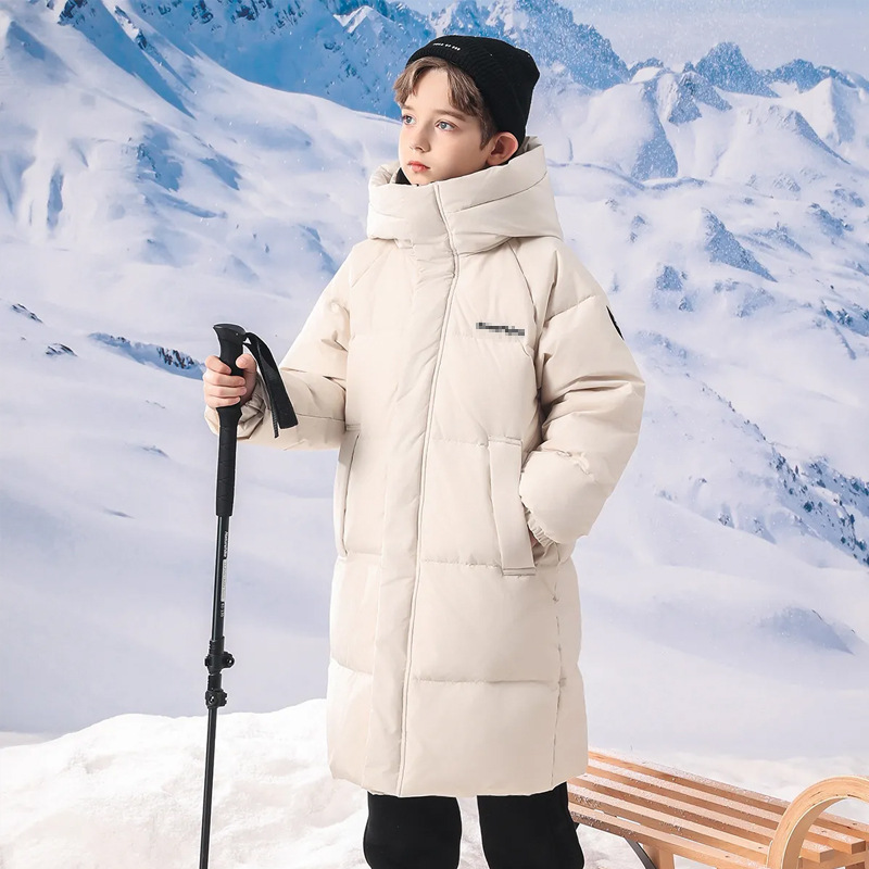 抗级寒东北超厚三防面料儿童羽绒服男女大童中长款过膝连帽鸭绒衣