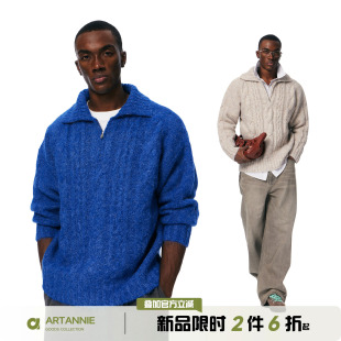 ARTANNIE美式绞花翻领毛衣男秋冬季新款加厚半拉链情侣针织衫外套