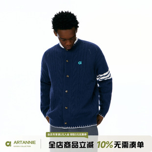 ARTANNIE绞花撞色情侣开衫毛衣男款秋季美式运动三条杠针织衫外套