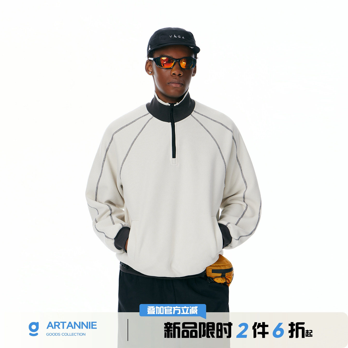 ARTANNIE美式撞色立领半拉链卫衣男款2026秋季哈苏线情侣套头外套图片