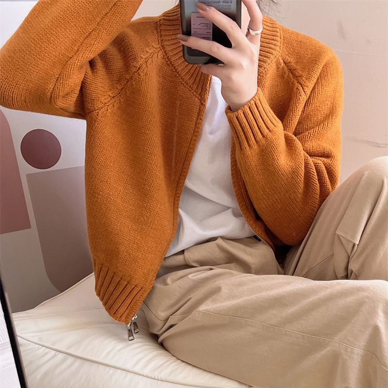 双拉链牛油果绿针织开衫外穿显瘦百搭短款毛衣女休闲气质遮肉