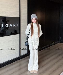 收腰显瘦羽绒外套加绒喇叭裤 羽绒服套装 两件套 十三行正版 艾米Amy