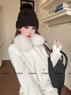 真狐狸毛领搭直筒裤 加绒加厚休闲纯欲风套装 两件套女 正版 艾米Amy