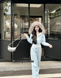 搭直筒阔腿三件套装 艾米Amy秋冬新款 纯欲加厚狐狸真毛领卫衣开衫