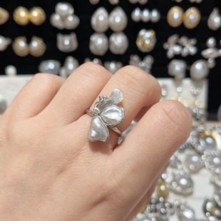天然海水澳白无核keshi双珠蝴蝶包镶戒指S925银下开口调节