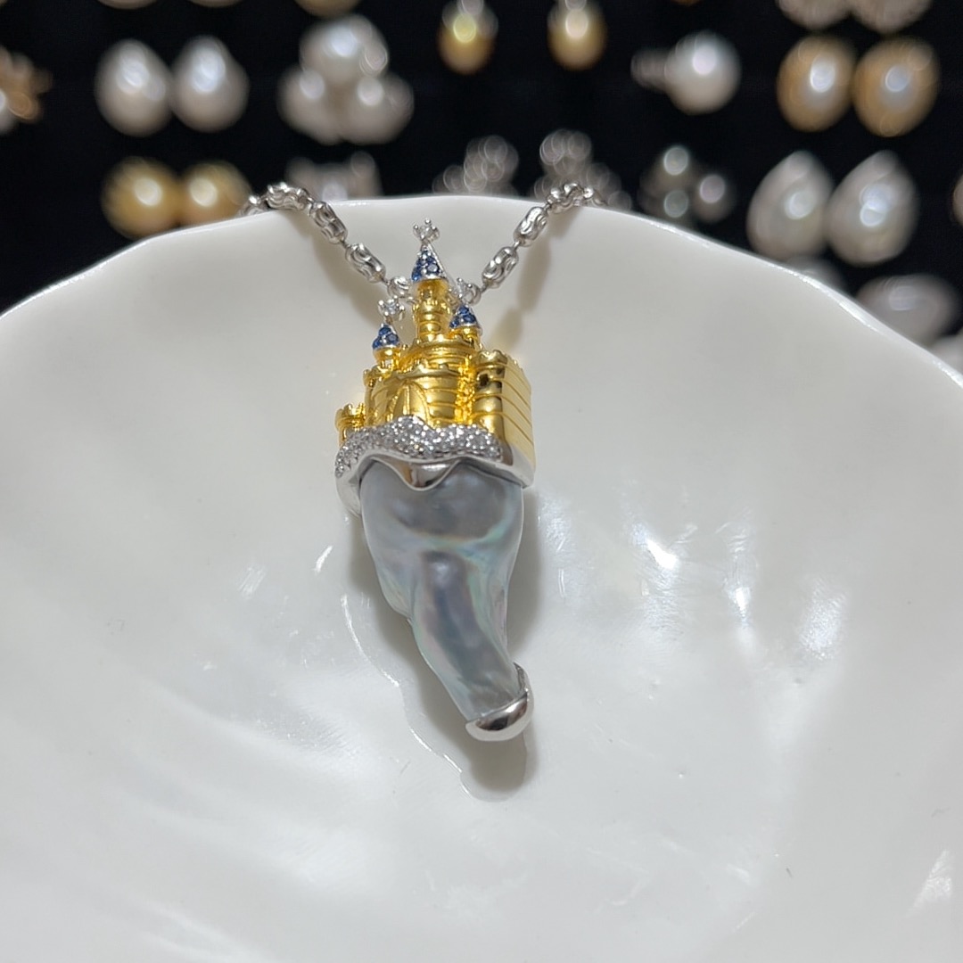 天然海水蓝血澳巴城堡包镶吊坠（不含链）S925银万能扣