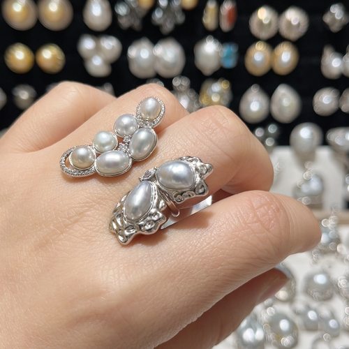 天然海水澳白无核keshi多珠蝴蝶包镶戒指（上开口调节）