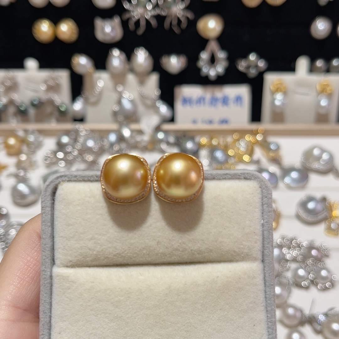 12.1mm天然海水浓茶金金珠耳钉S925银