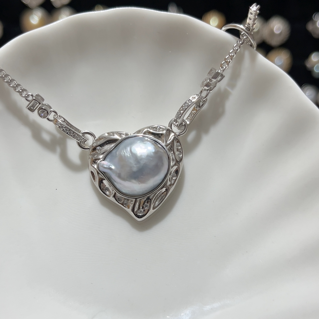 天然海水蓝血澳巴爱心双扣包镶吊坠（不含链）S925银万能扣