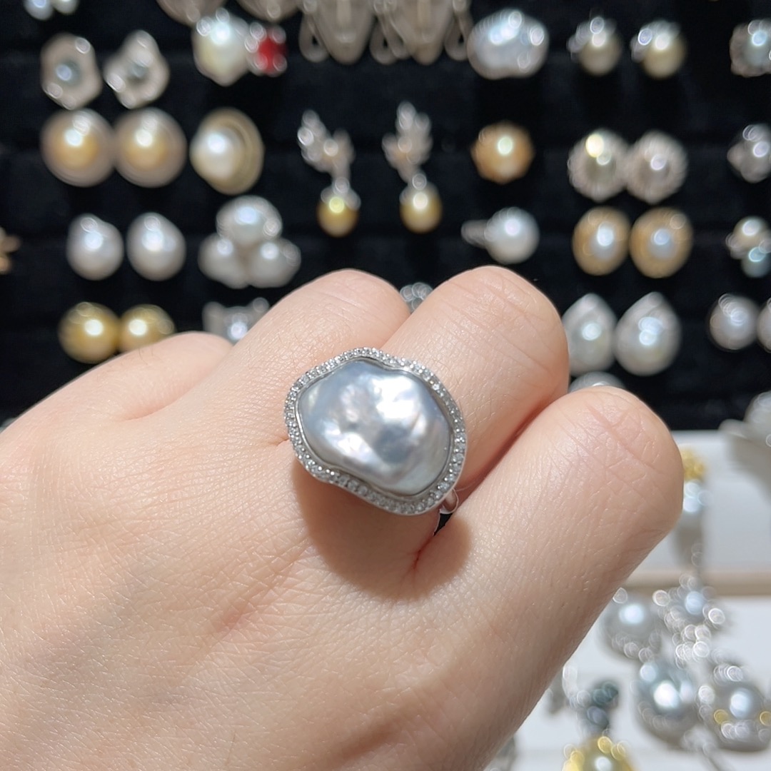 裸珠12.5-18mm天然海水澳白无核keshi包镶戒指S925银下开口调节