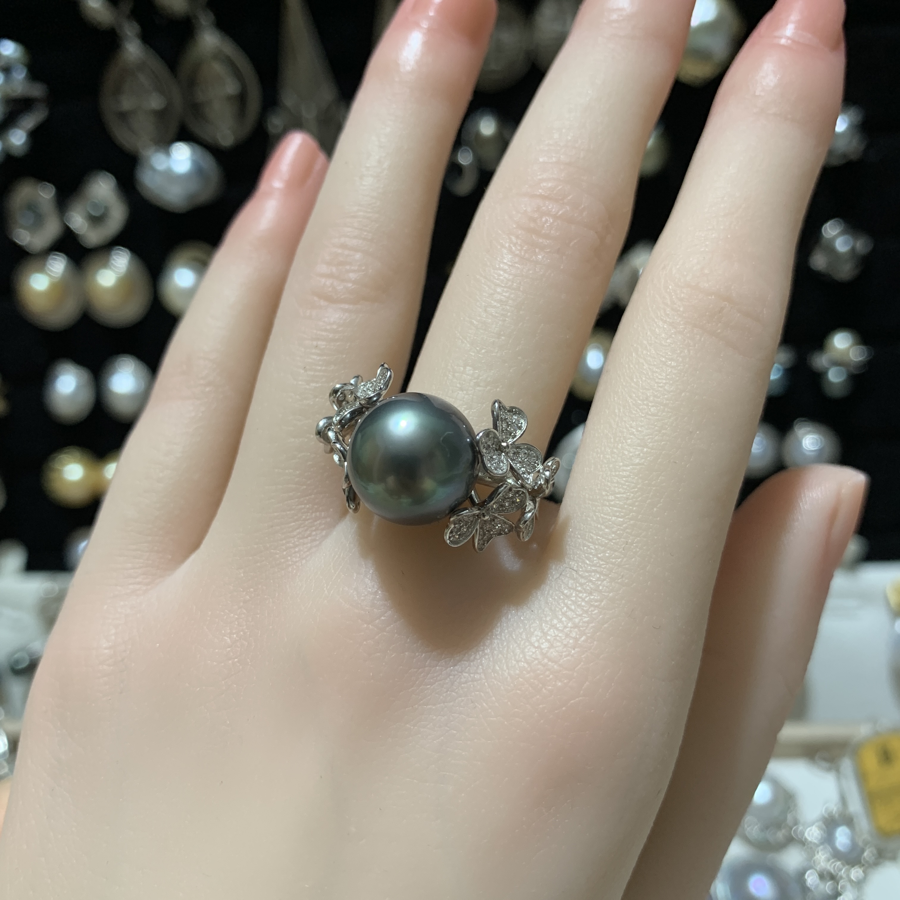 12.3mm油亮大溪地繁花戒指S925银下开口调节圈口