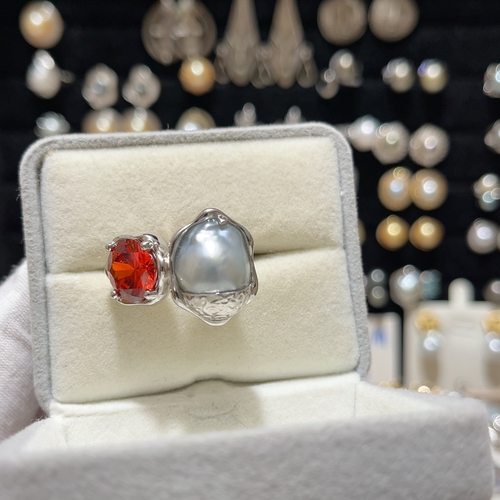 天然海水蓝血澳巴红宝包镶戒指s925银下开口调节圈口