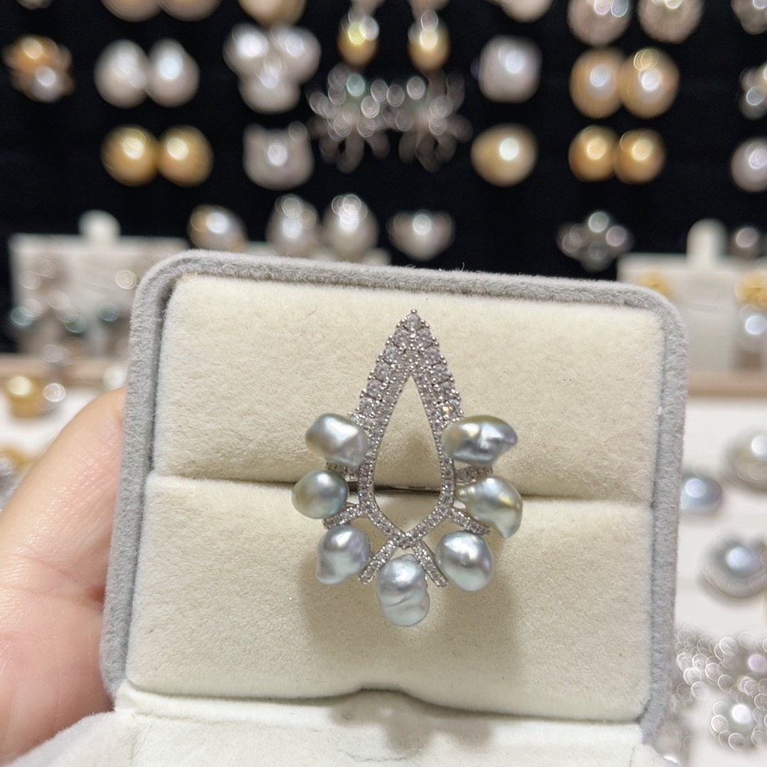 银蓝鎏金澳白keshi多珠戒指S925银下开口调节圈口