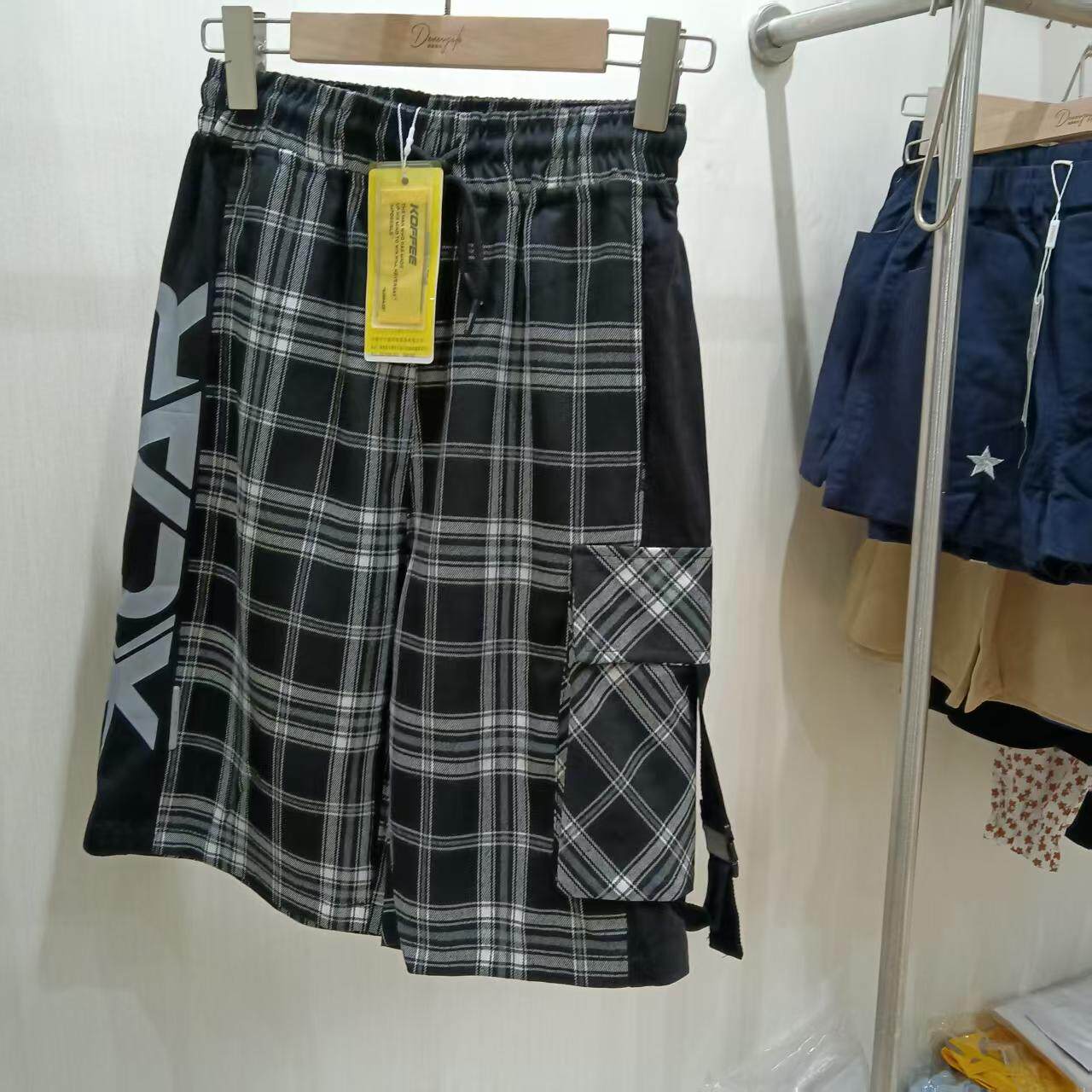 男女工装中裤裤hiphop街舞潮服儿童千鸟格子短裤潮装咖啡布丁棉质