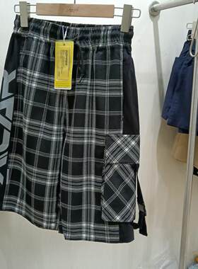 男女工装中裤裤hiphop街舞潮服儿童千鸟格子短裤潮装咖啡布丁棉质