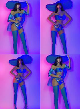 0826网红影楼服装个性时尚嘻哈夜店gogo酒吧DS大帽子蓝色演出服