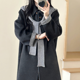 深灰双面呢羊毛大衣女连帽围巾领外套 25冬新款 糖安妮 冬日物语
