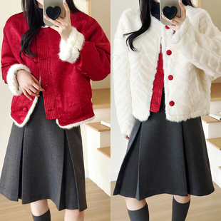 新品 2025冬季 毛茸茸仿皮草一体外套女两面穿保暖 新年红 糖安妮