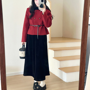 女套装 糖安妮 羽绒短外套毛呢丝绒裙厚款 冬季 小香风新年红套装